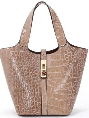 1 Left! Croc-Embossed Vegan Leather Bucket Top Handle Tote Handbag